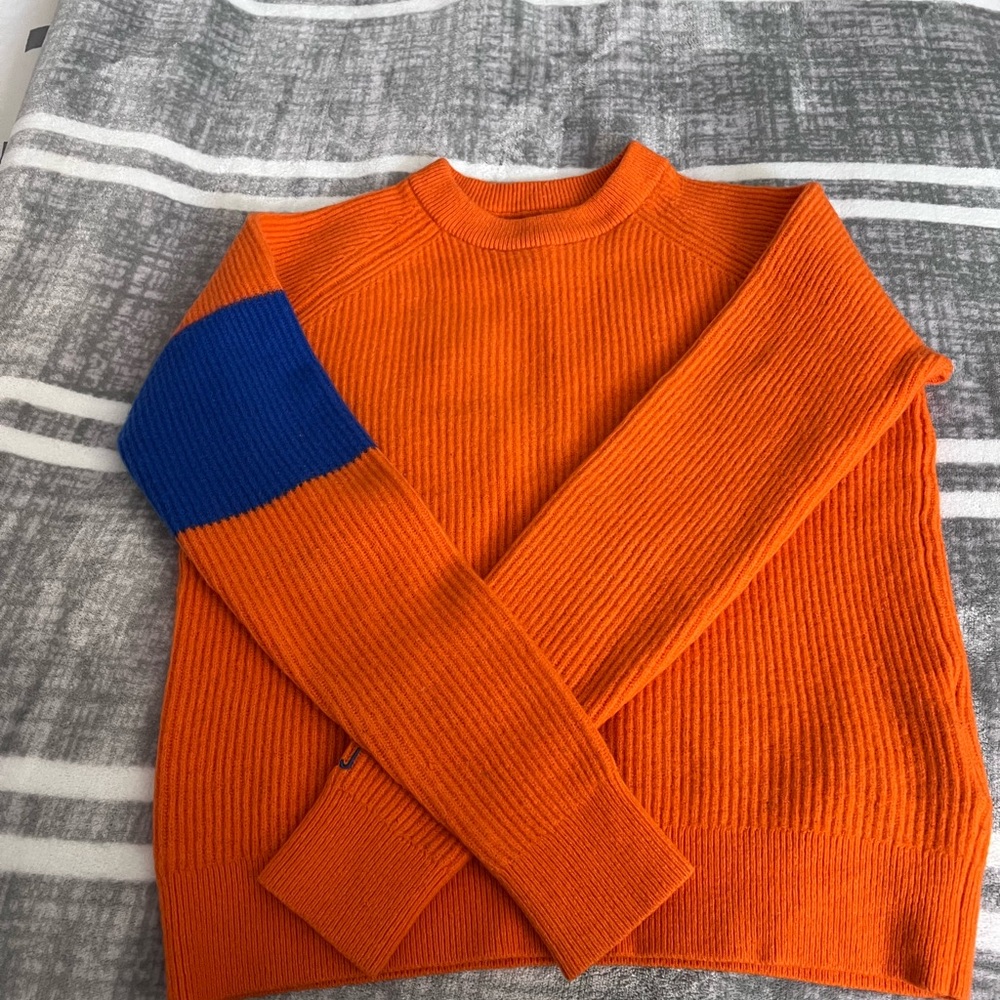 Calvin Klein Jeans Women’s 100% Wool Orange with Blue Stripe Crewneck Sweater